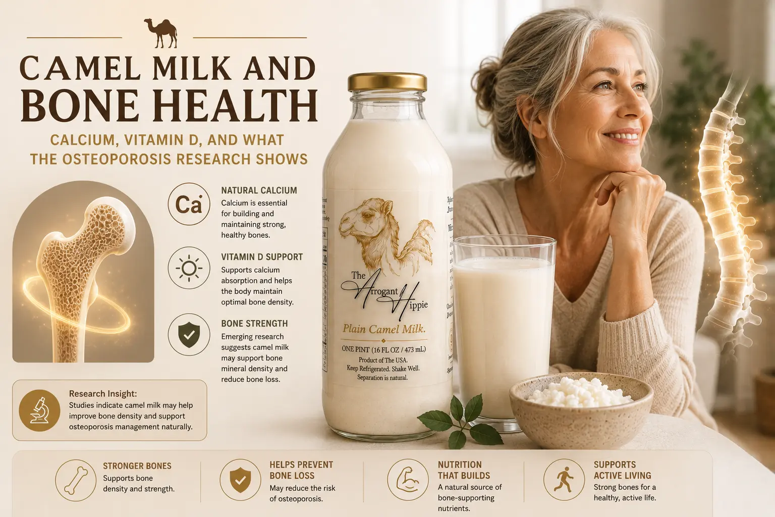 Camel Milk and Bone Health: Calcium, Vitamin D, and What the Osteoporosis Research Shows editorial illustration